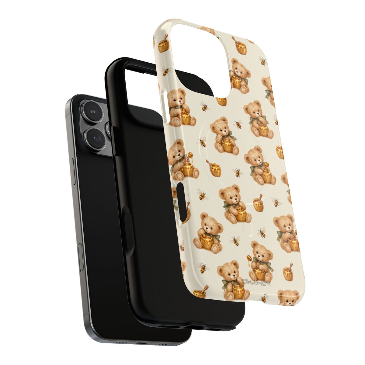 Honingknuffelbeer iPhone-hoesje — ontwerp met gele bij en honingpot met MagSafe