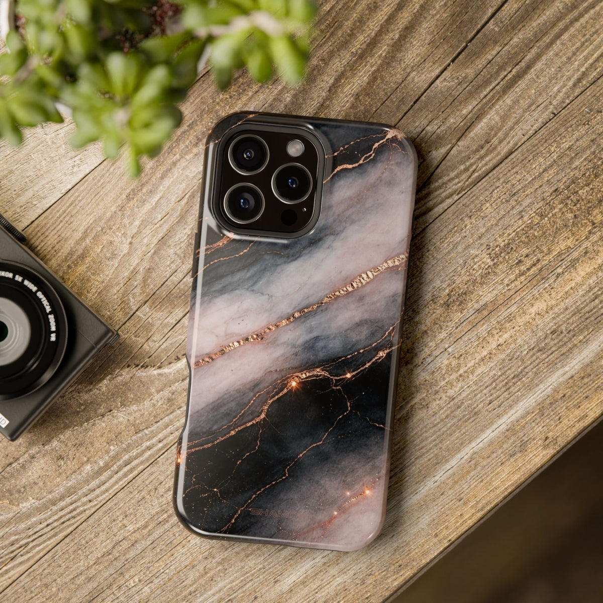 Marbled Black & Rose Gold Magnetic MagSafe Compatible Phone Case — Impact-Resistant