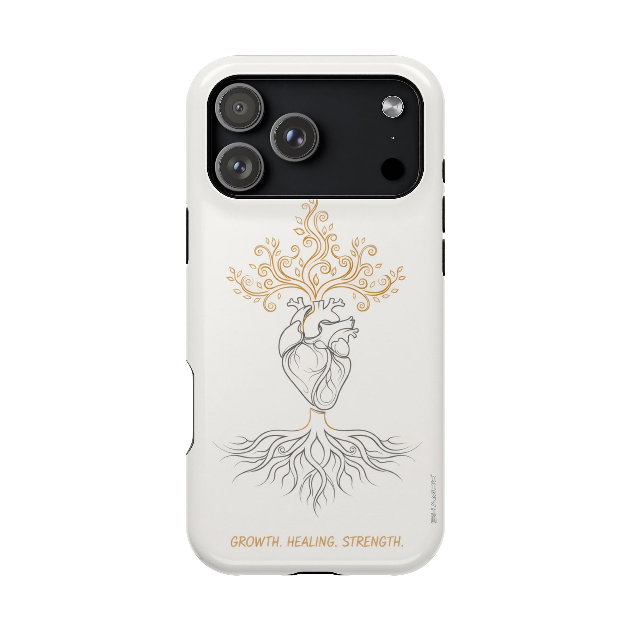 Minimalist Impact-Resistant iPhone Case, Heart Root Illustration ("Growth. Healing. Strength.") MagSafe Compatible - iPhone 17 Pro Max / Glossy - Shamo's