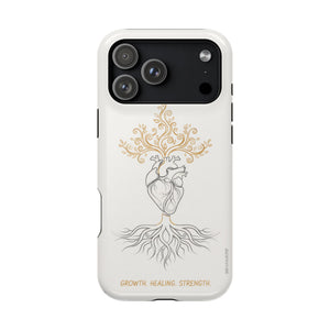 Minimalist Impact-Resistant iPhone Case, Heart Root Illustration ("Growth. Healing. Strength.") MagSafe Compatible - iPhone 17 Pro Max / Glossy - Shamo's