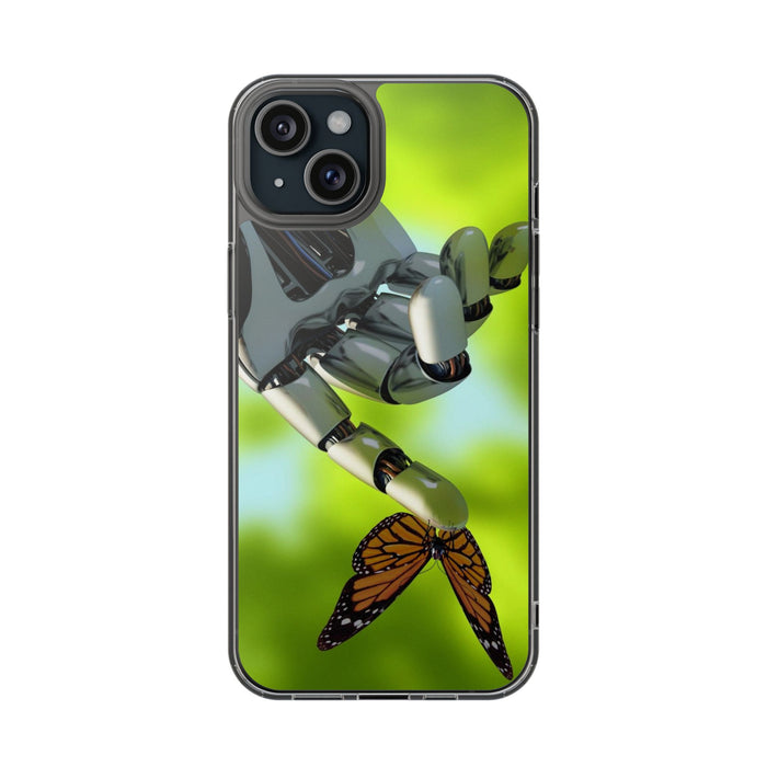 Clear Cases for iPhone 14 Series with Robotic hand and Butterfly.