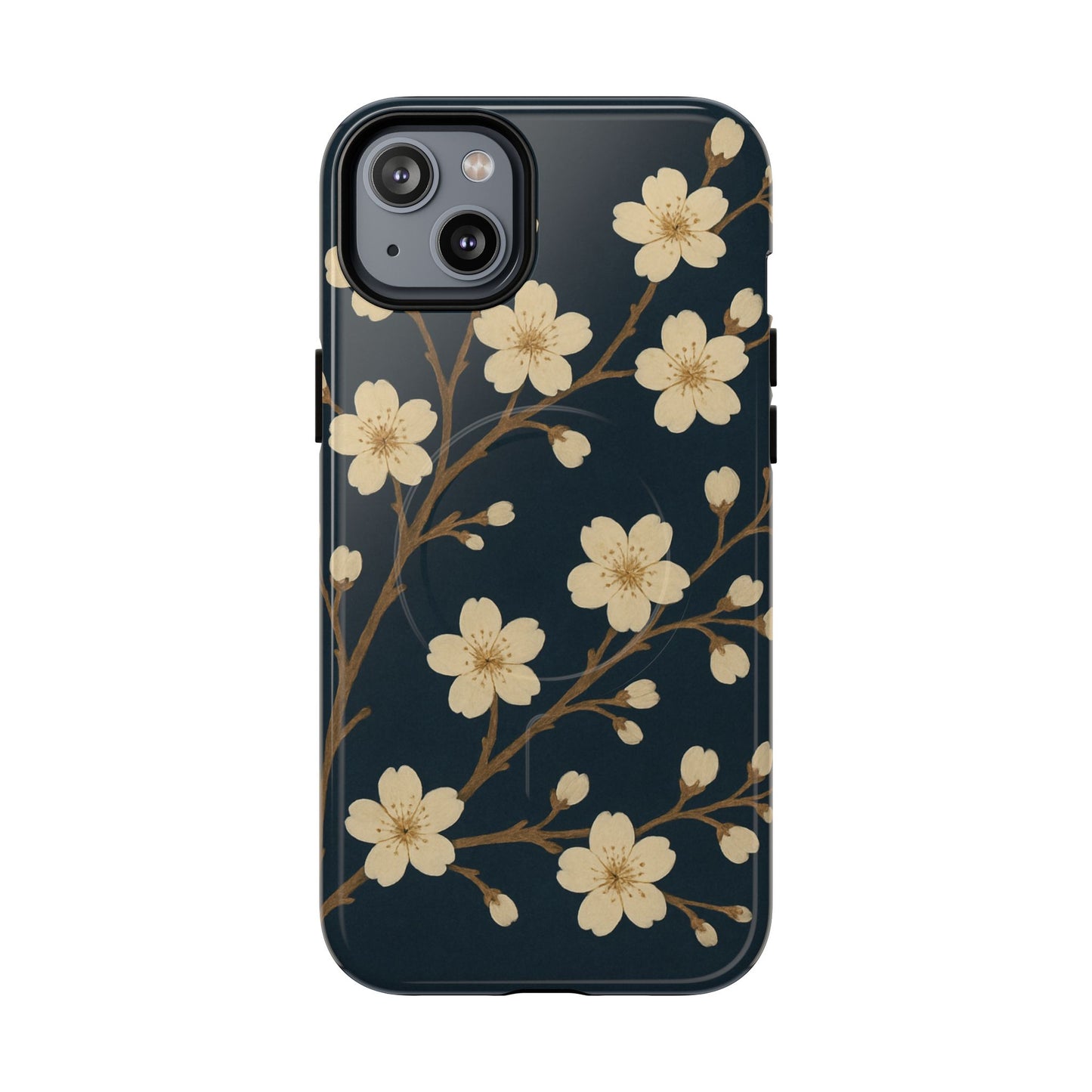 Navy Cherry Blossom Floral iPhone Case - Compatible with MagSafe
