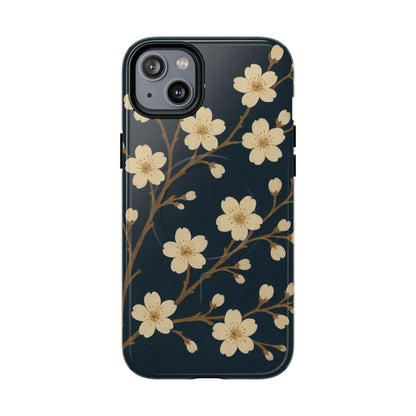 Navy Cherry Blossom Floral iPhone Case - Compatible with MagSafe