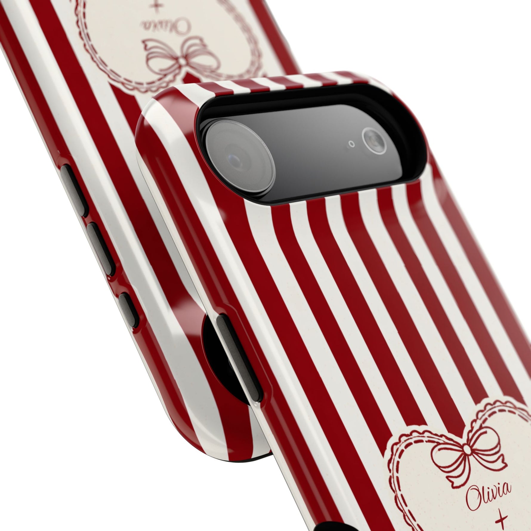 Funda personalizada a rayas — Diseño de corazón rojo y blanco (nombres personalizados)