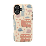 London Icons Hand-Drawn iPhone Case — Cute Double-Decker Bus & Big Ben Pattern with MagSafe compatibility  Shamo's iPhone 16 Plus / Glossy