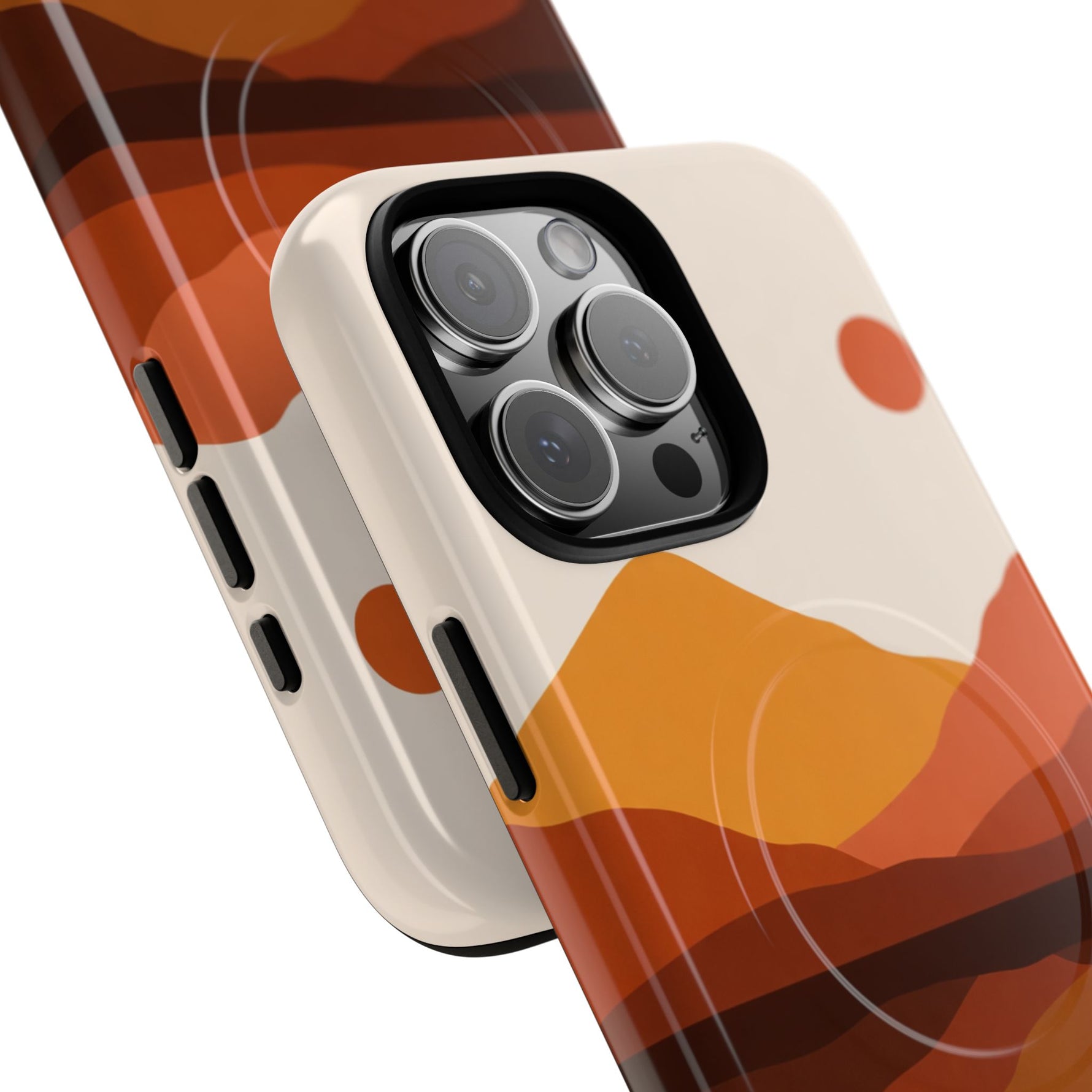 Two smartphone cases with MagSafe and abstract orange and brown mountain design showing large and small variant size