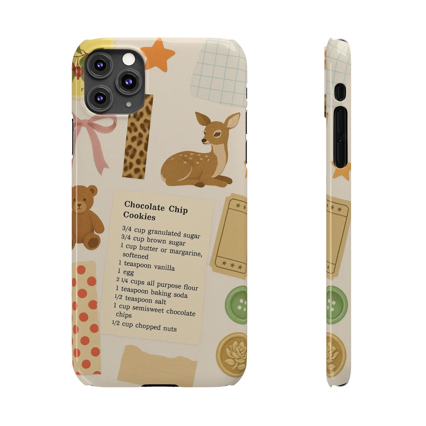 Slim iPhone Case — Cozy Baking & Teddy Pattern (Recipe, Deer, Buttons)