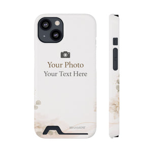 Custom card-holder phone case preview with text reading Your Photo, Your Text Here