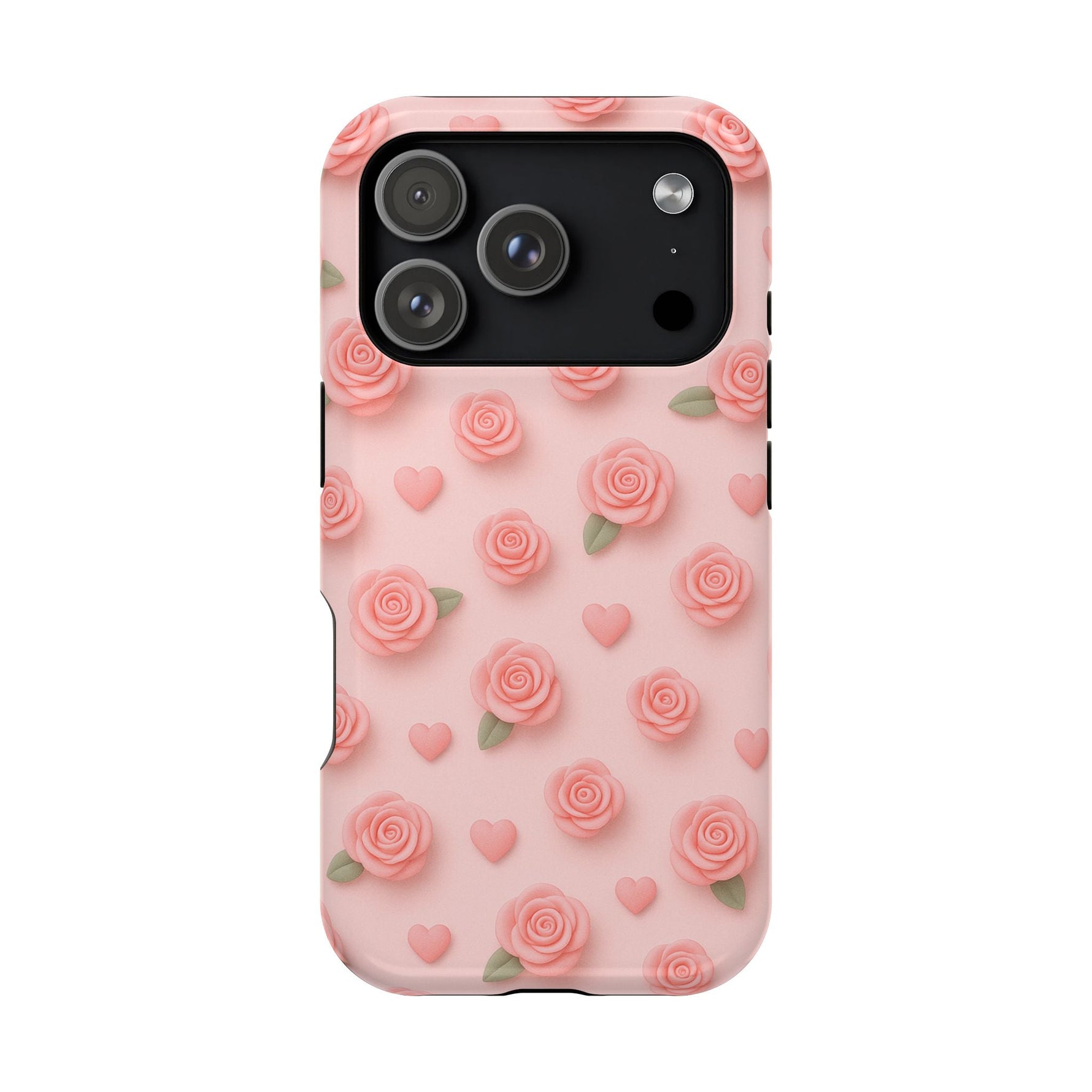 Pink Rose Pattern Impact iPhone Case — Floral Hearts Protective Cover (MagSafe compatible)  Shamo's iPhone 17 Pro / Glossy