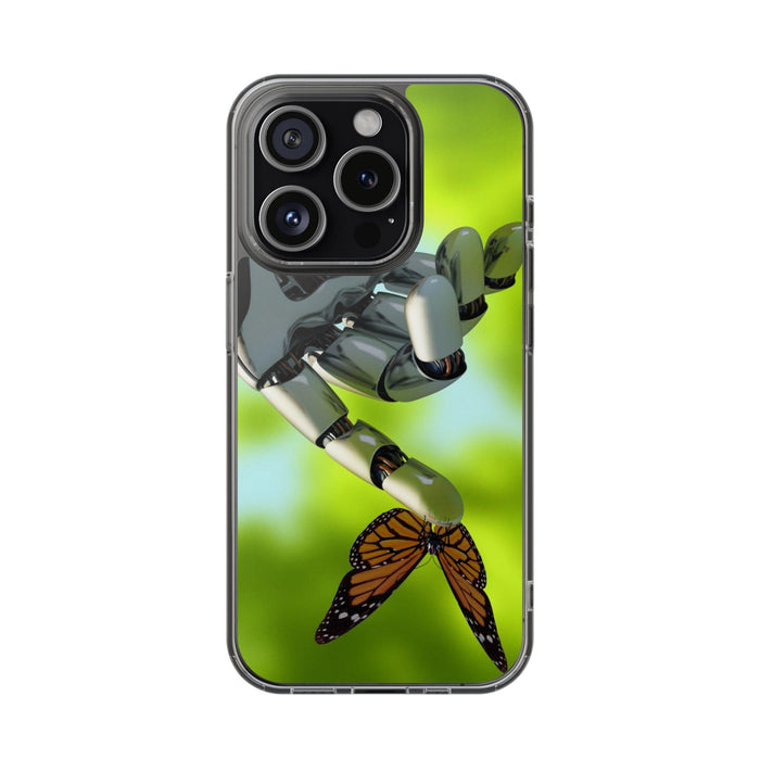 Clear Cases for iPhone 14 Series with Robotic hand and Butterfly.
