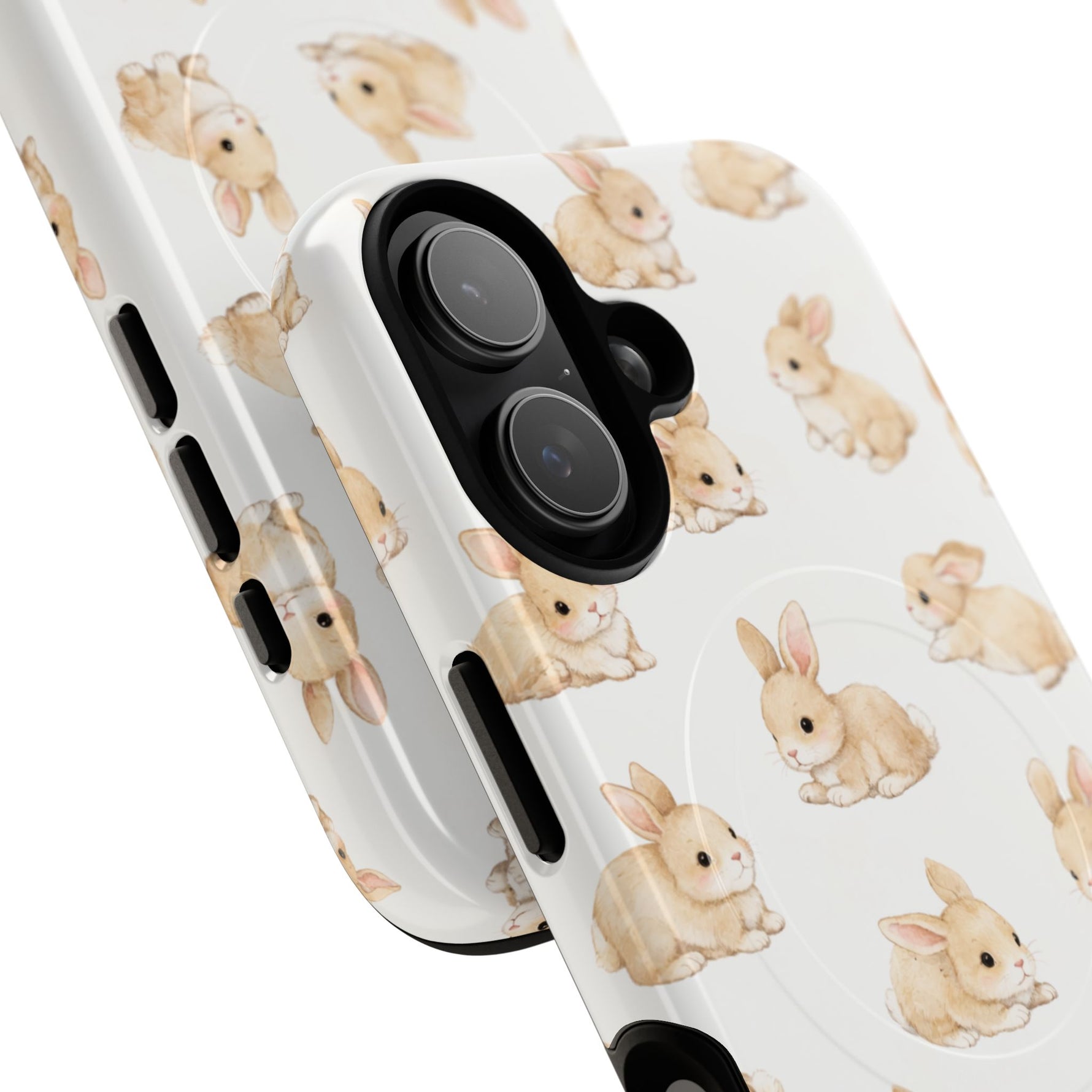 Small and large phone cases with cute bunny print, showing variant size and camera cutouts
