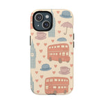 London Icons Hand-Drawn iPhone Case — Cute Double-Decker Bus & Big Ben Pattern with MagSafe compatibility  Shamo's iPhone 15 / Matte