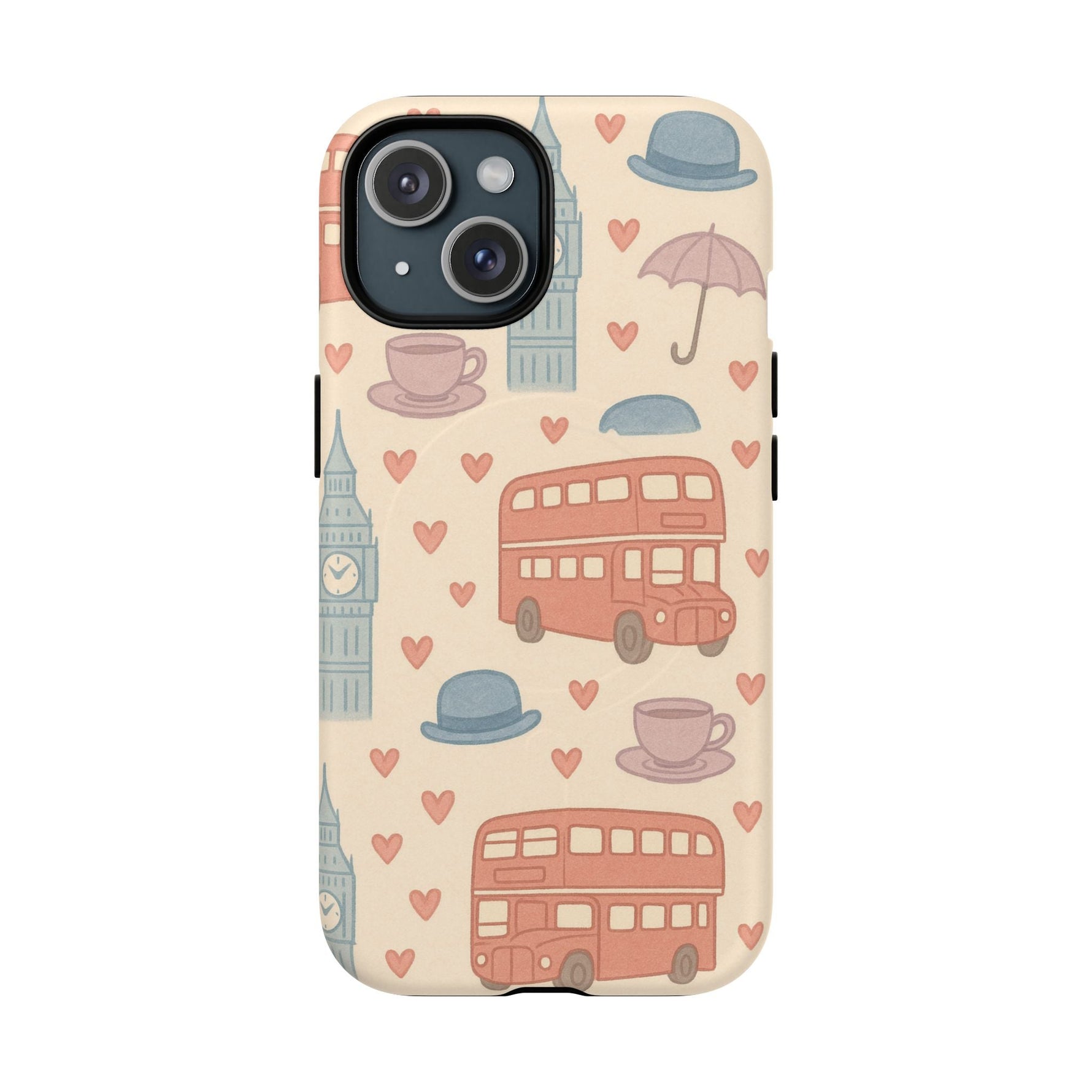London Icons Hand-Drawn iPhone Case — Cute Double-Decker Bus & Big Ben Pattern with MagSafe compatibility  Shamo's iPhone 15 / Matte