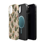 Cactus Bloom – Sage Green Floral Cactus MagSafe Phone Case, glossy diagonal dual-camera model, exploded shell and liner with magnetic ring