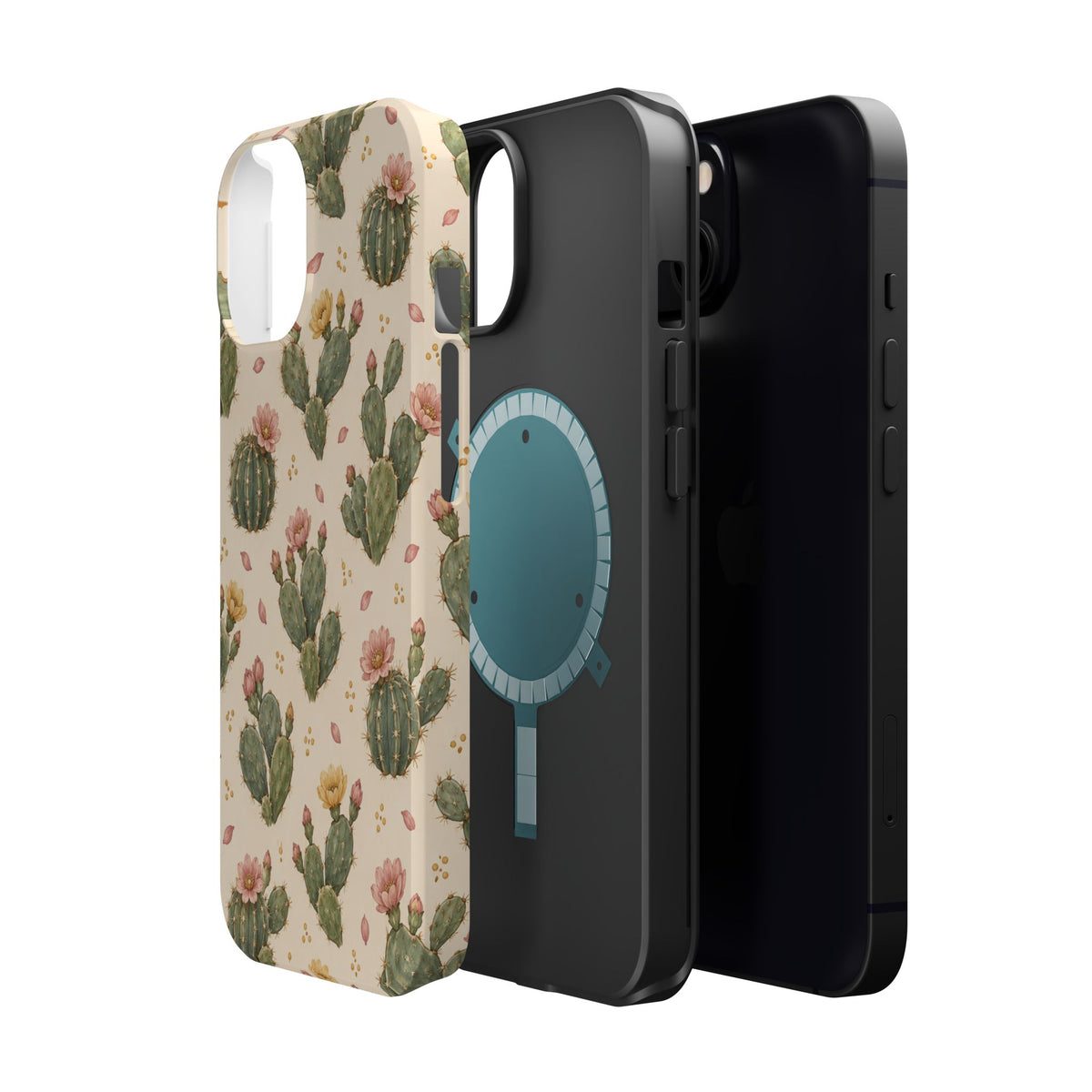 Cactus Bloom – Sage Green Floral Cactus MagSafe Phone Case, glossy diagonal dual-camera model, exploded shell and liner with magnetic ring