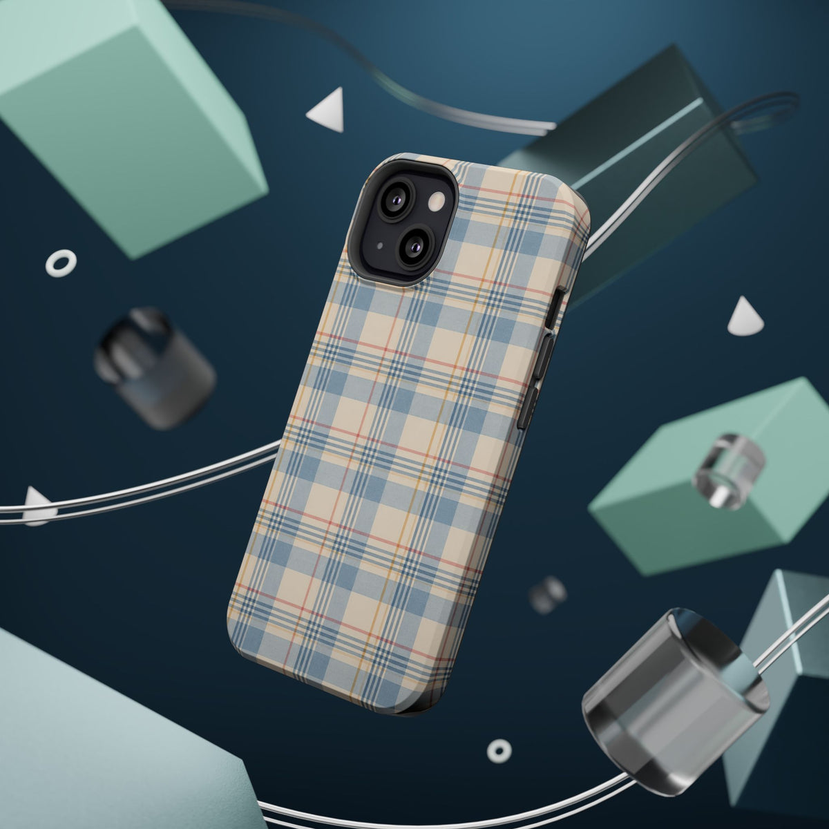 Ranch Check – Blue and Cream Plaid MagSafe Phone Case, glossy diagonal dual-camera model, rear view with magnetic accessories