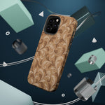 Saddle Scrolls – Tan Western Scrollwork MagSafe Phone Case, glossy square triple-camera Pro model, rear view with magnetic accessories