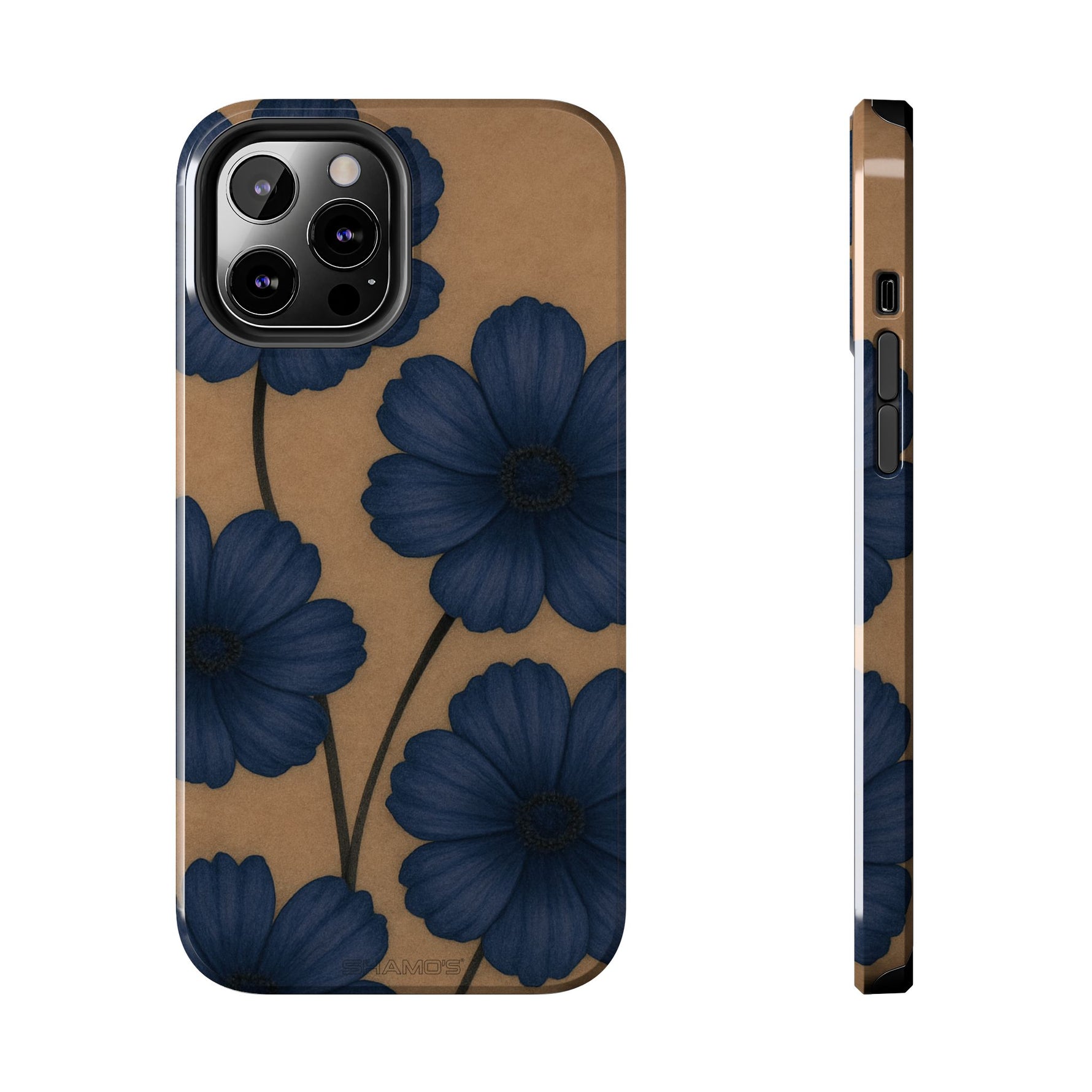Navy Floral Tough Phone Case — Durable Protective Case with Blue Flowers on Kraft Background