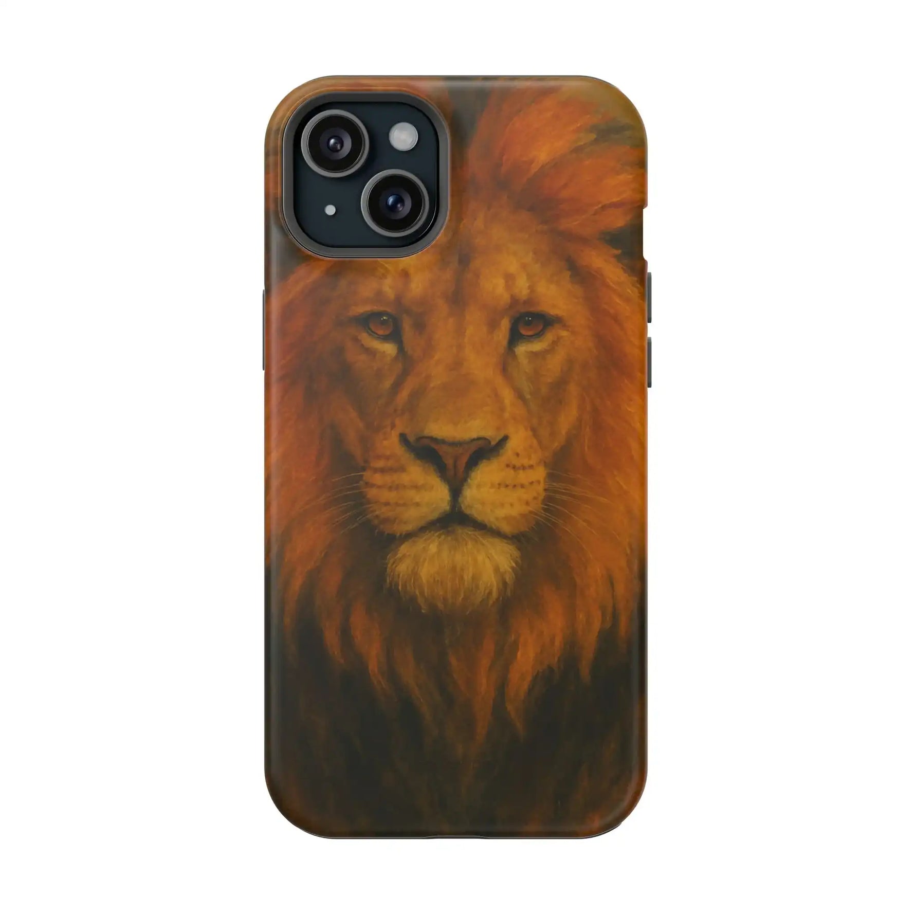 phone case showing detailed lion face artwork with mane in warm brown tones