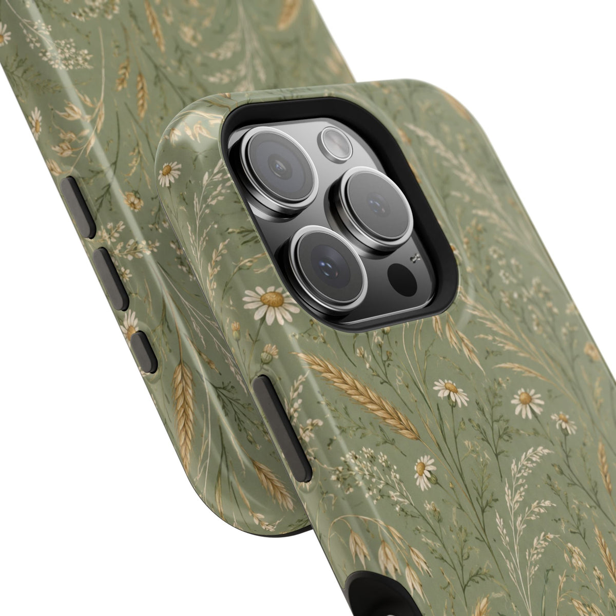 Golden Meadow – Sage Green Wildflower MagSafe Phone Case, glossy square triple-camera Pro model, camera and side-button close-up