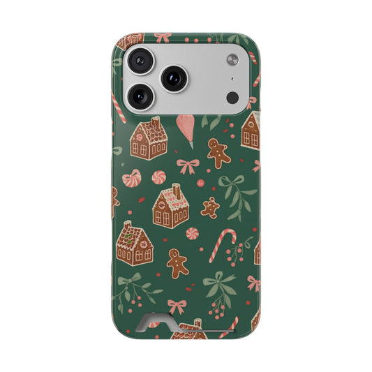 Holiday Gingerbread Phone Case with Card Holder — Festive Green Candy Cane Design