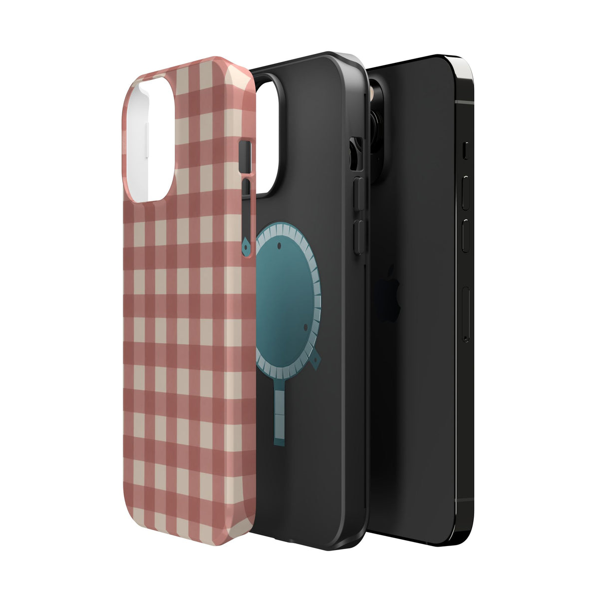 Prairie Gingham MagSafe Phone Case, glossy square triple-camera Pro model, exploded shell and liner with magnetic ring