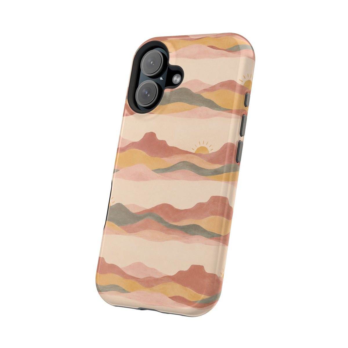 Sunset Trails – Desert Landscape MagSafe Phone Case, glossy vertical dual-camera model, angled rear view