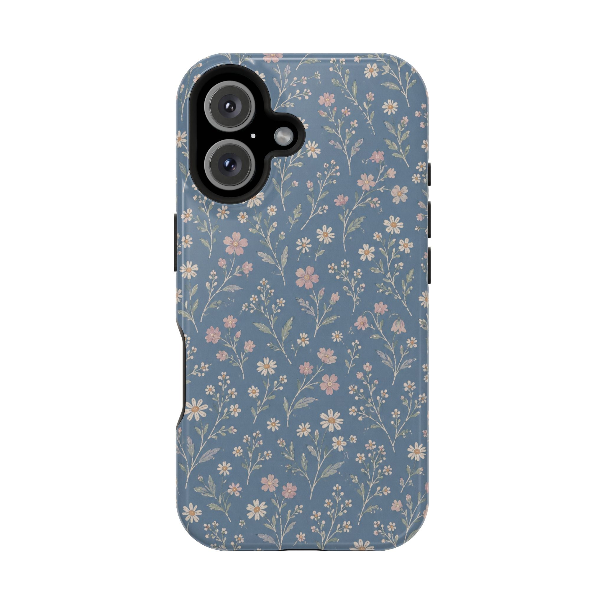 Denim Wildflowers MagSafe Phone Case, glossy iPhone 16, rear view