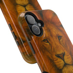 Two sizes of phone cases with realistic lion face design and black buttons on the side