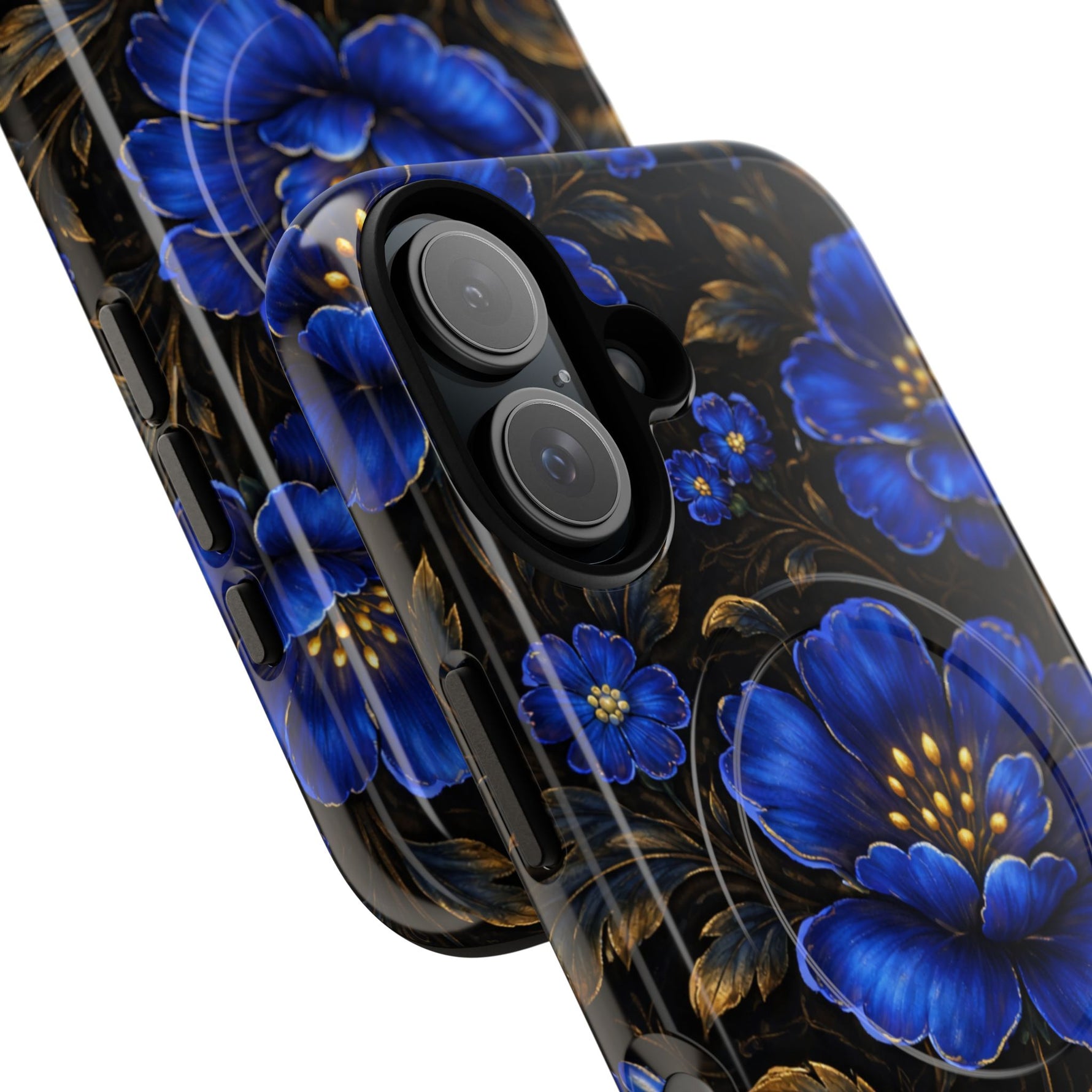 Close-up of two size variant iPhone cases with blue floral design and gold leaves on black background