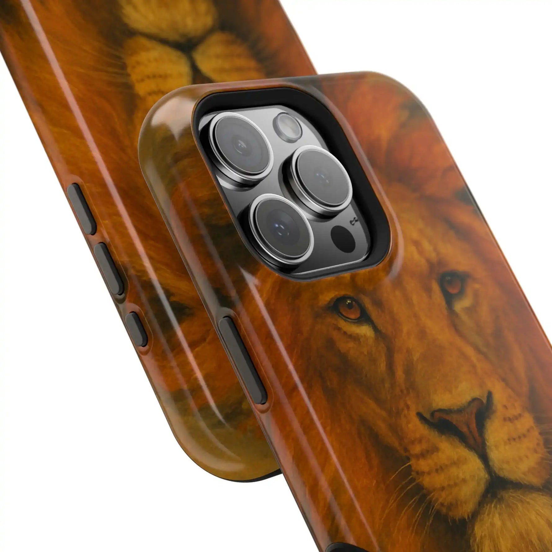 Two sizes of phone cases featuring a detailed lion face design with a brown and orange color scheme