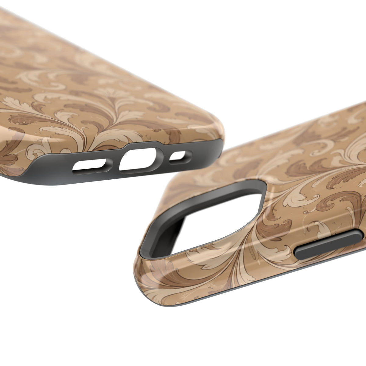 Saddle Scrolls – Tan Western Scrollwork MagSafe Phone Case, glossy diagonal dual-camera model, port openings and edge details