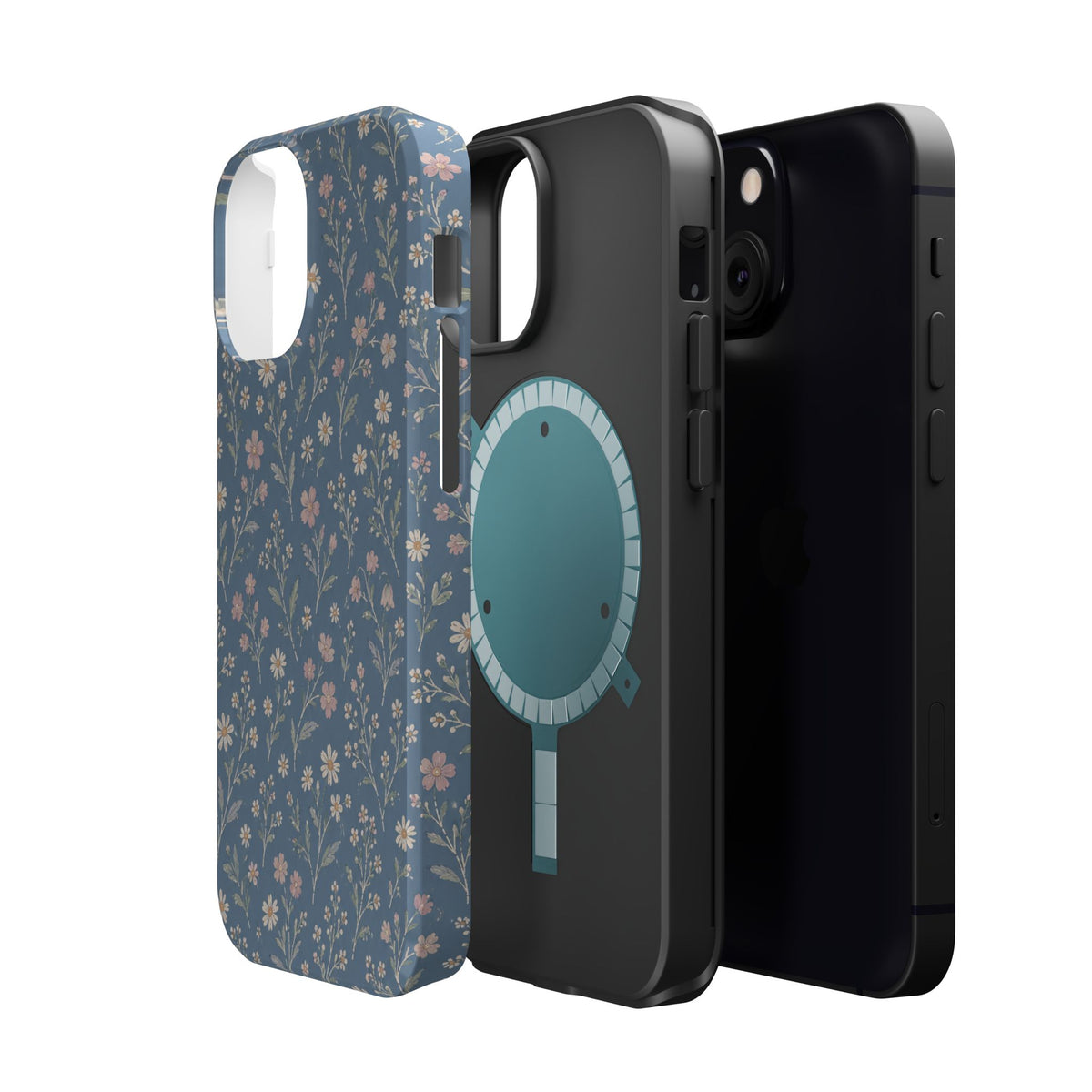 Denim Wildflowers MagSafe Phone Case, glossy diagonal dual-camera model, exploded shell and liner with magnetic ring