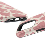 Rose Cowprint – Pink Cow Print MagSafe Phone Case, glossy square triple-camera Pro model, port openings and edge details