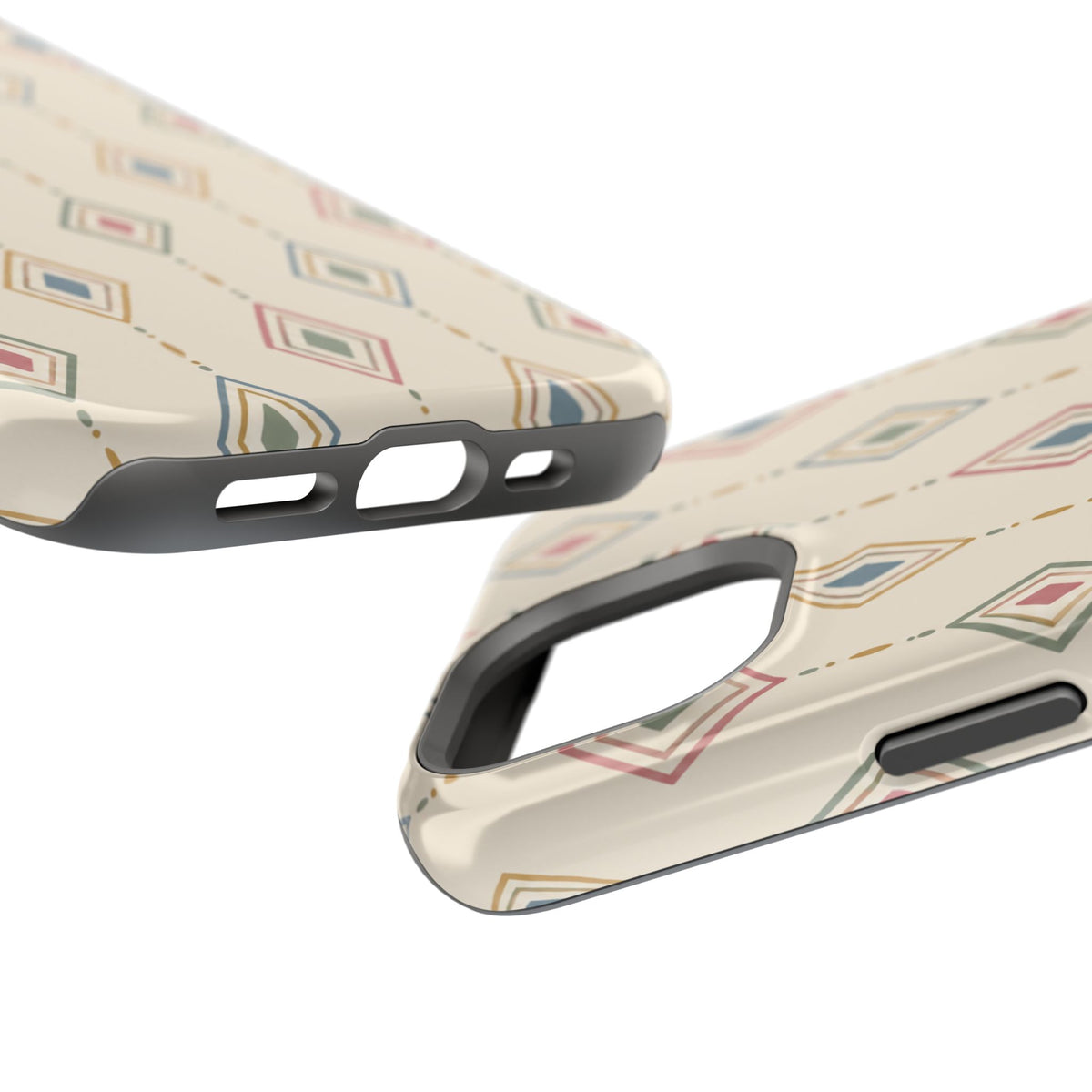 Desert Diamonds – Pastel Geometric Pattern MagSafe Phone Case, glossy diagonal dual-camera model, port openings and edge details