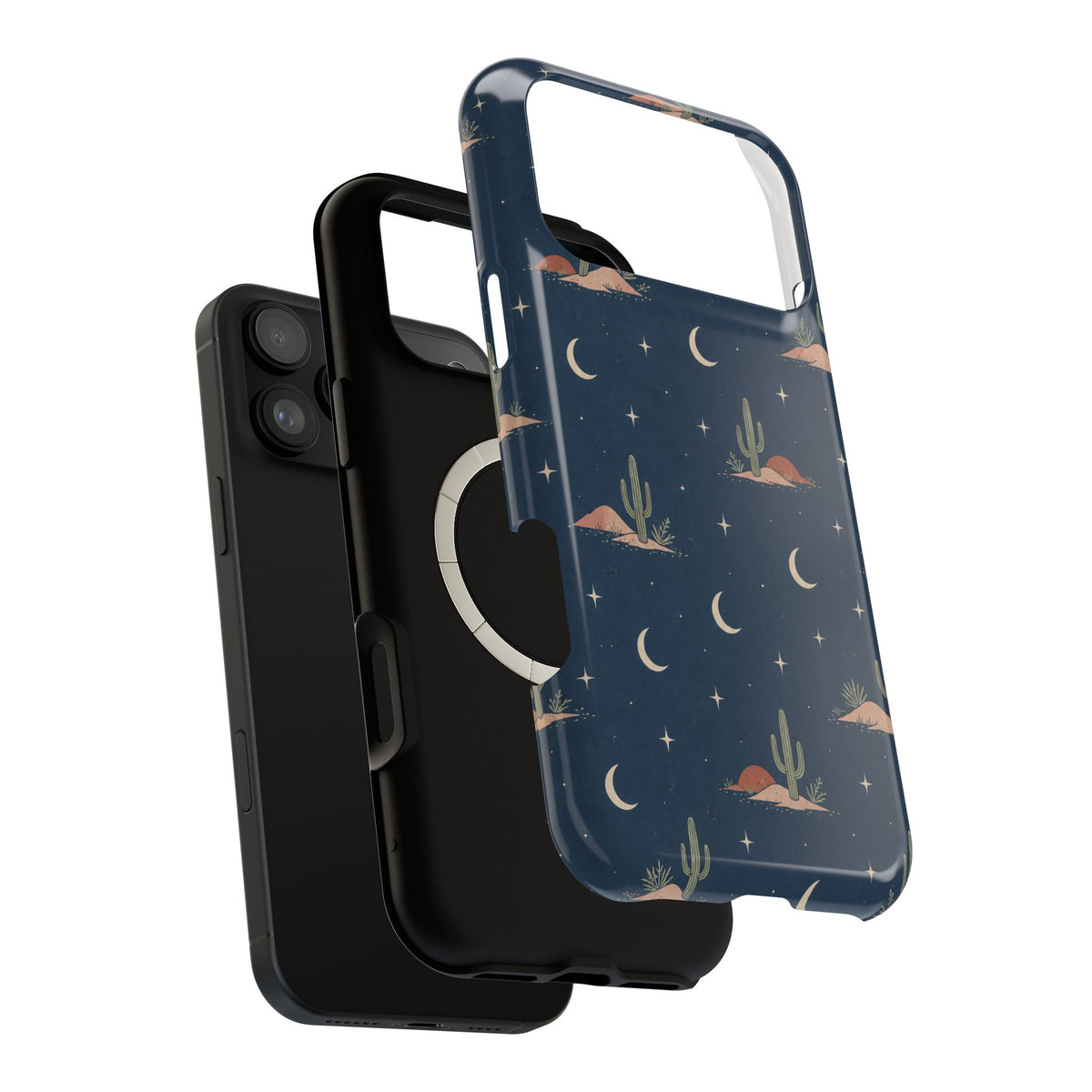 Desert Moon MagSafe Phone Case, glossy wide-camera Pro Max model, exploded shell and liner with magnetic ring