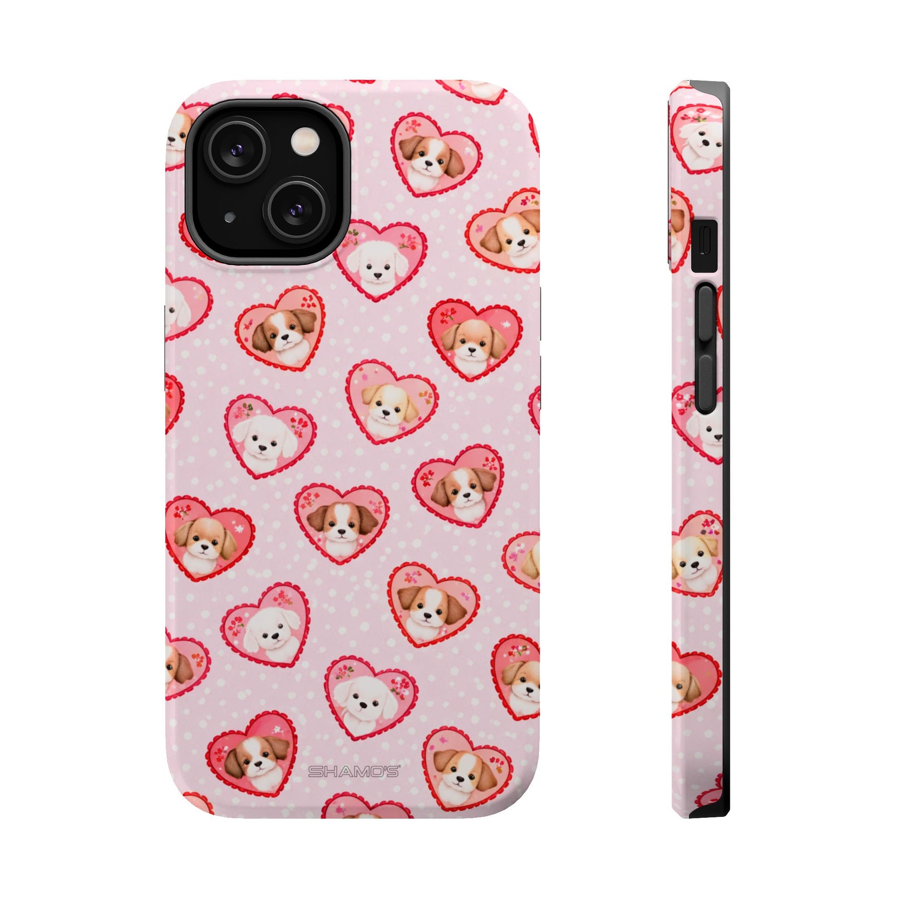 Pink Puppy Heart Pattern MagSafe Impact-Resistant iPhone Case, Valentine Phone Cover
