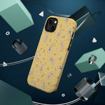 Honey Paisley MagSafe Phone Case, glossy diagonal dual-camera model, rear view with magnetic accessories