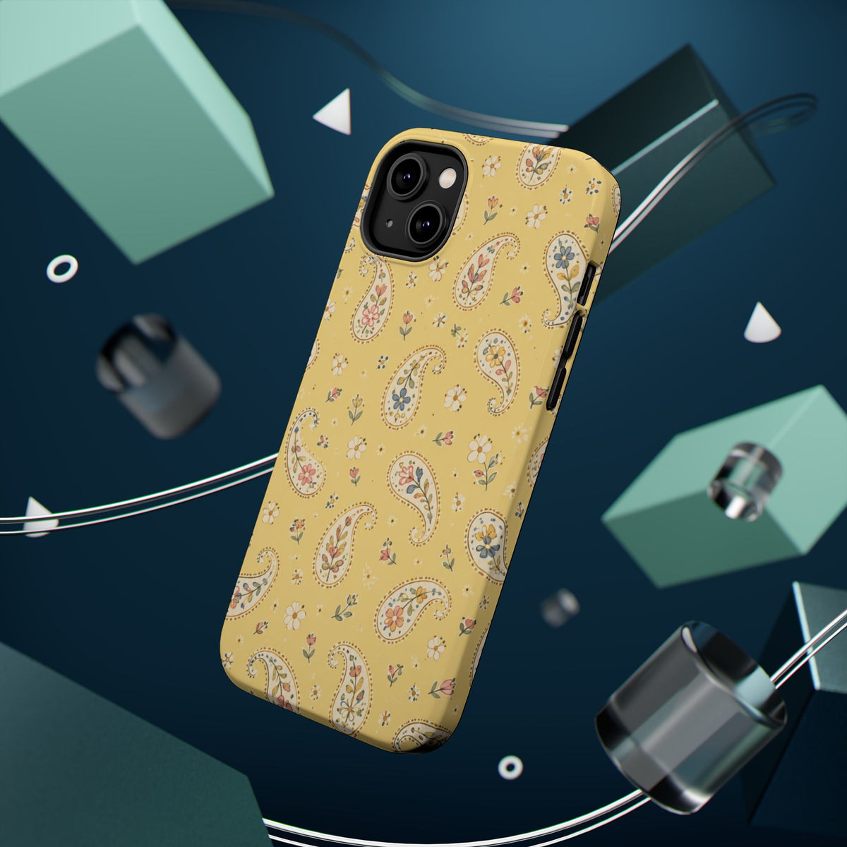 Honey Paisley MagSafe Phone Case, glossy diagonal dual-camera model, rear view with magnetic accessories