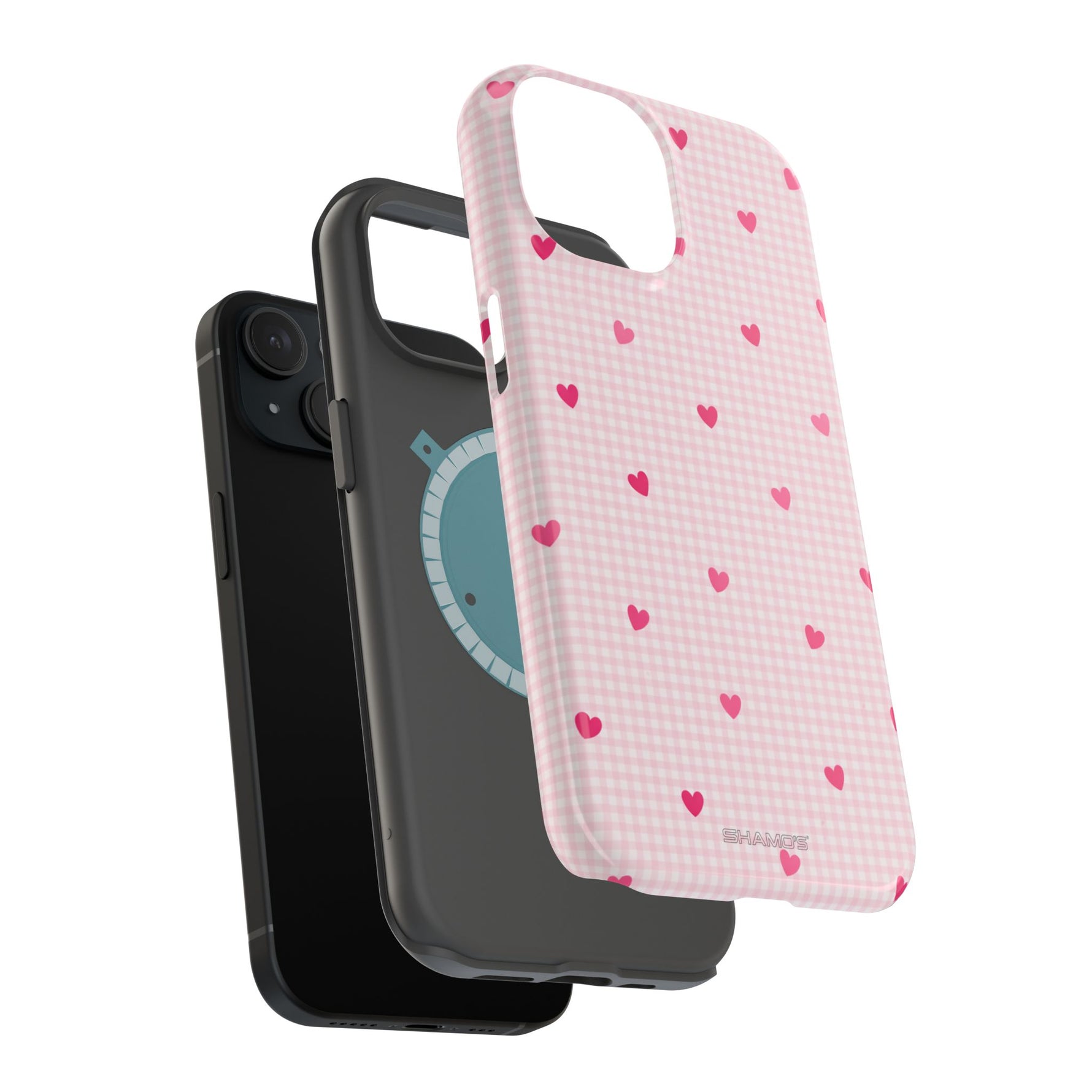Pink Heart Gingham MagSafe iPhone Case, Impact‑Resistant, Magnetic Protection