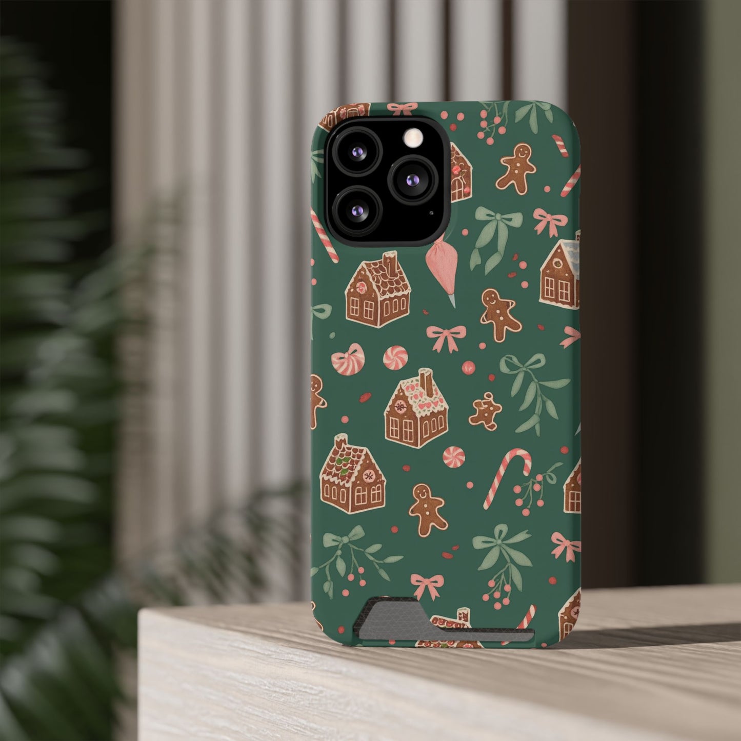 Holiday Gingerbread Phone Case with Card Holder — Festive Green Candy Cane Design