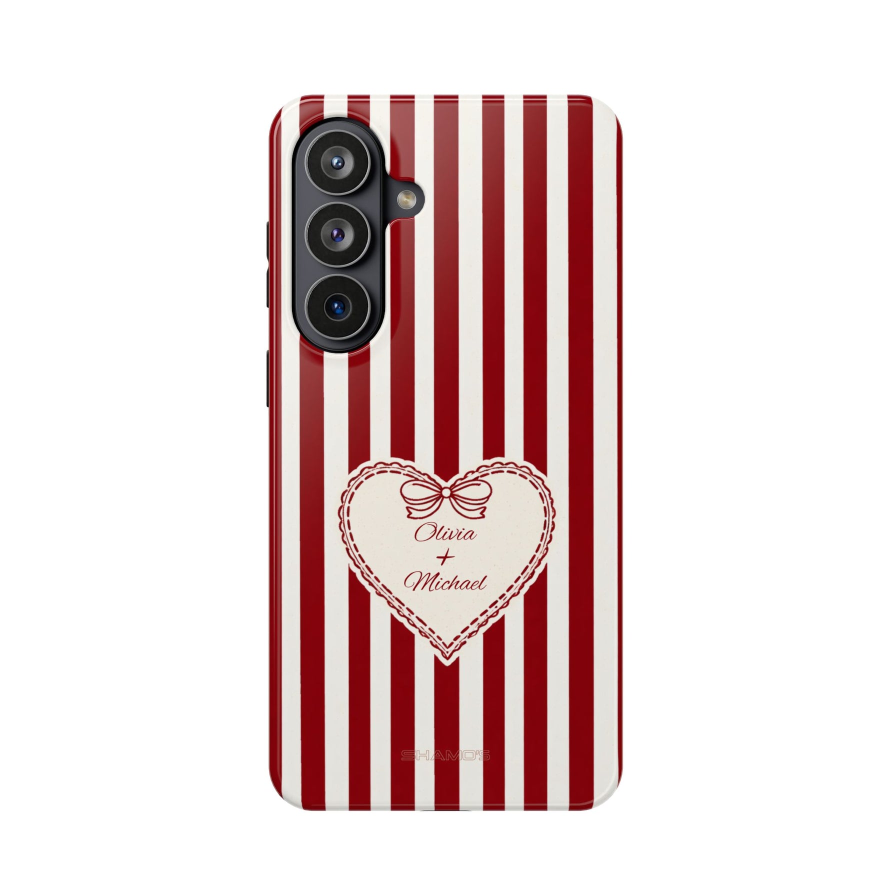 Funda personalizada a rayas — Diseño de corazón rojo y blanco (nombres personalizados)