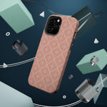 Meadow Lace – Blush Pink Lace Pattern MagSafe Phone Case, glossy square triple-camera Pro model, rear view with magnetic accessories