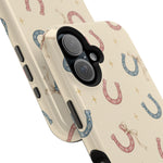 Prairie Horseshoes MagSafe Phone Case, glossy vertical dual-camera model, camera and side-button close-up