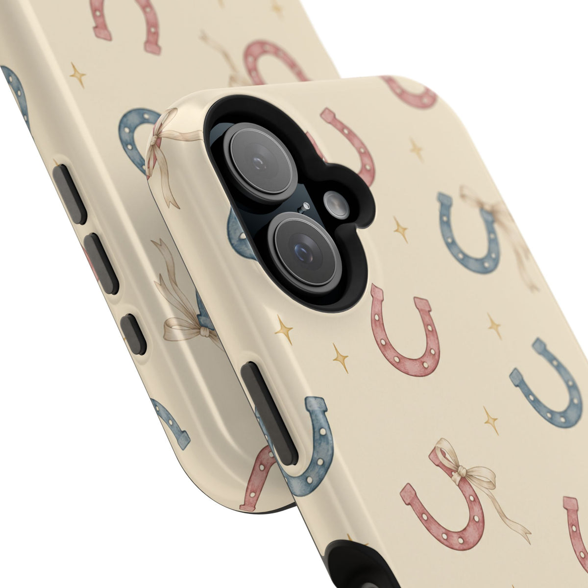 Prairie Horseshoes MagSafe Phone Case, glossy vertical dual-camera model, camera and side-button close-up