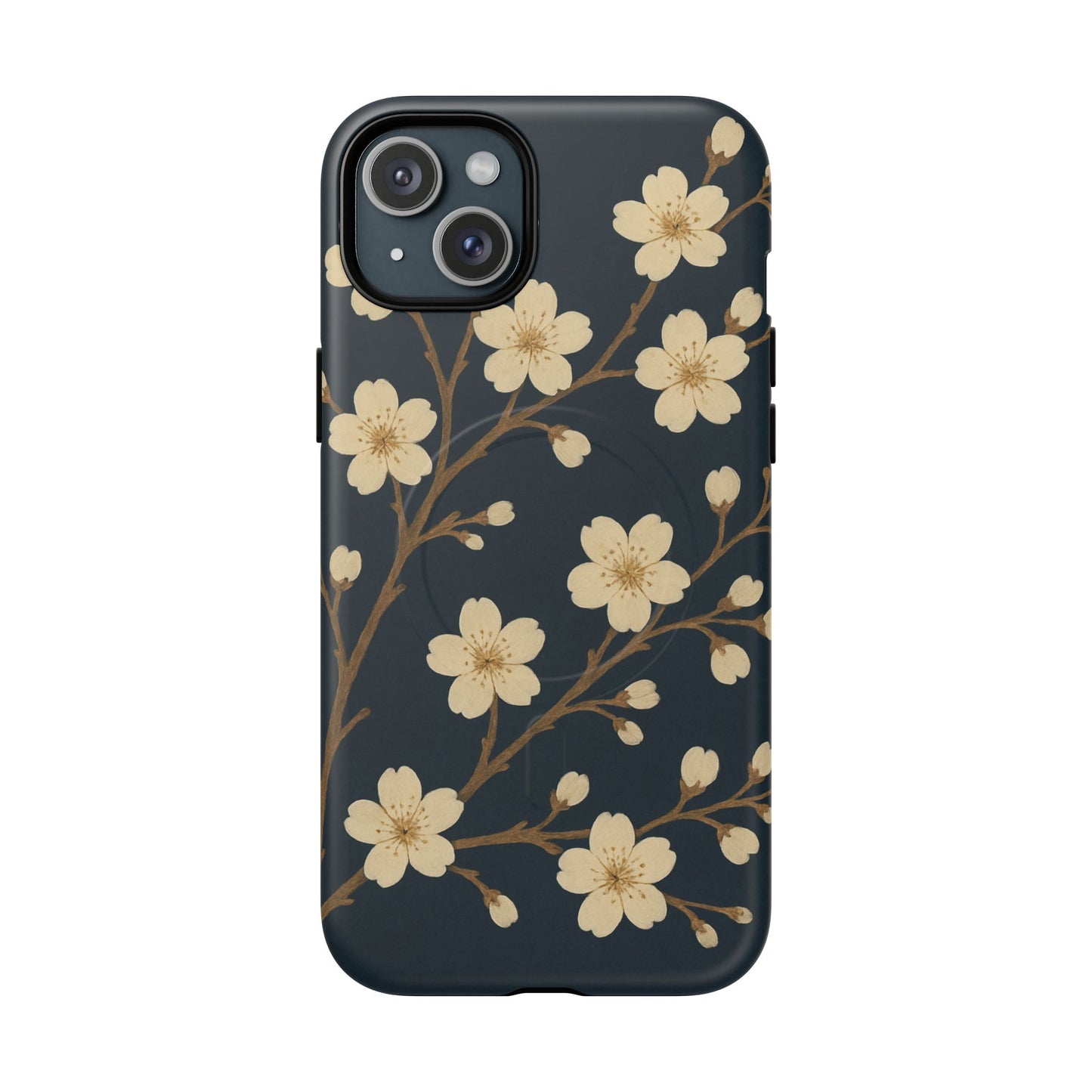 Navy Cherry Blossom Floral iPhone Case - Compatible with MagSafe