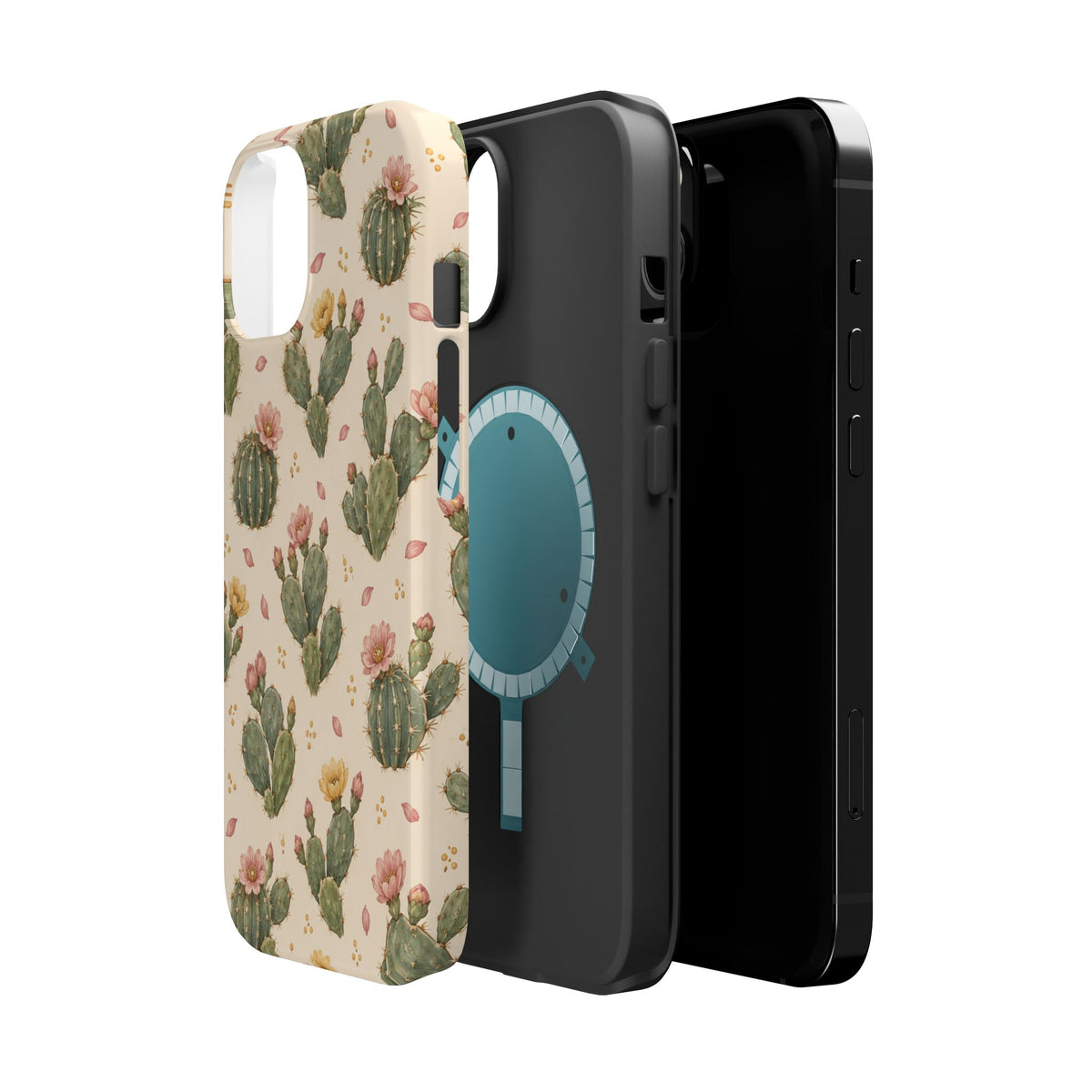 Cactus Bloom – Sage Green Floral Cactus MagSafe Phone Case, glossy diagonal dual-camera model, exploded shell and liner with magnetic ring