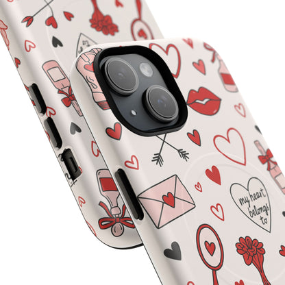 Romantic Love Doodle Tough iPhone Case ("LOVE", hearts, roses) (MagSafe compatible)