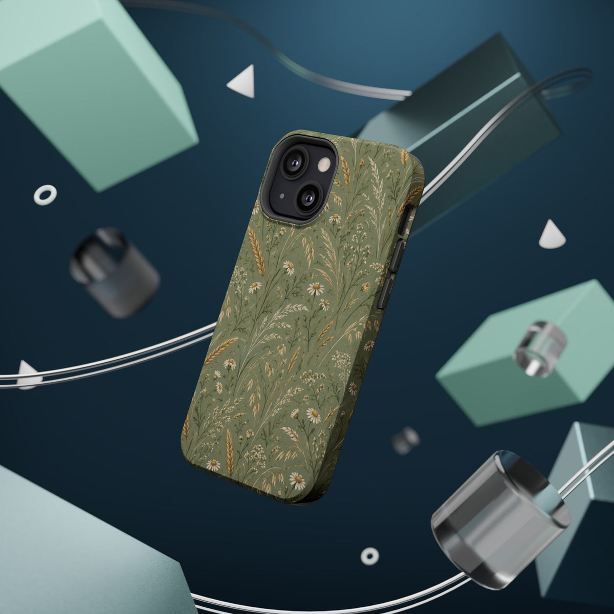 Golden Meadow – Sage Green Wildflower MagSafe Phone Case, glossy diagonal dual-camera model, rear view with magnetic accessories