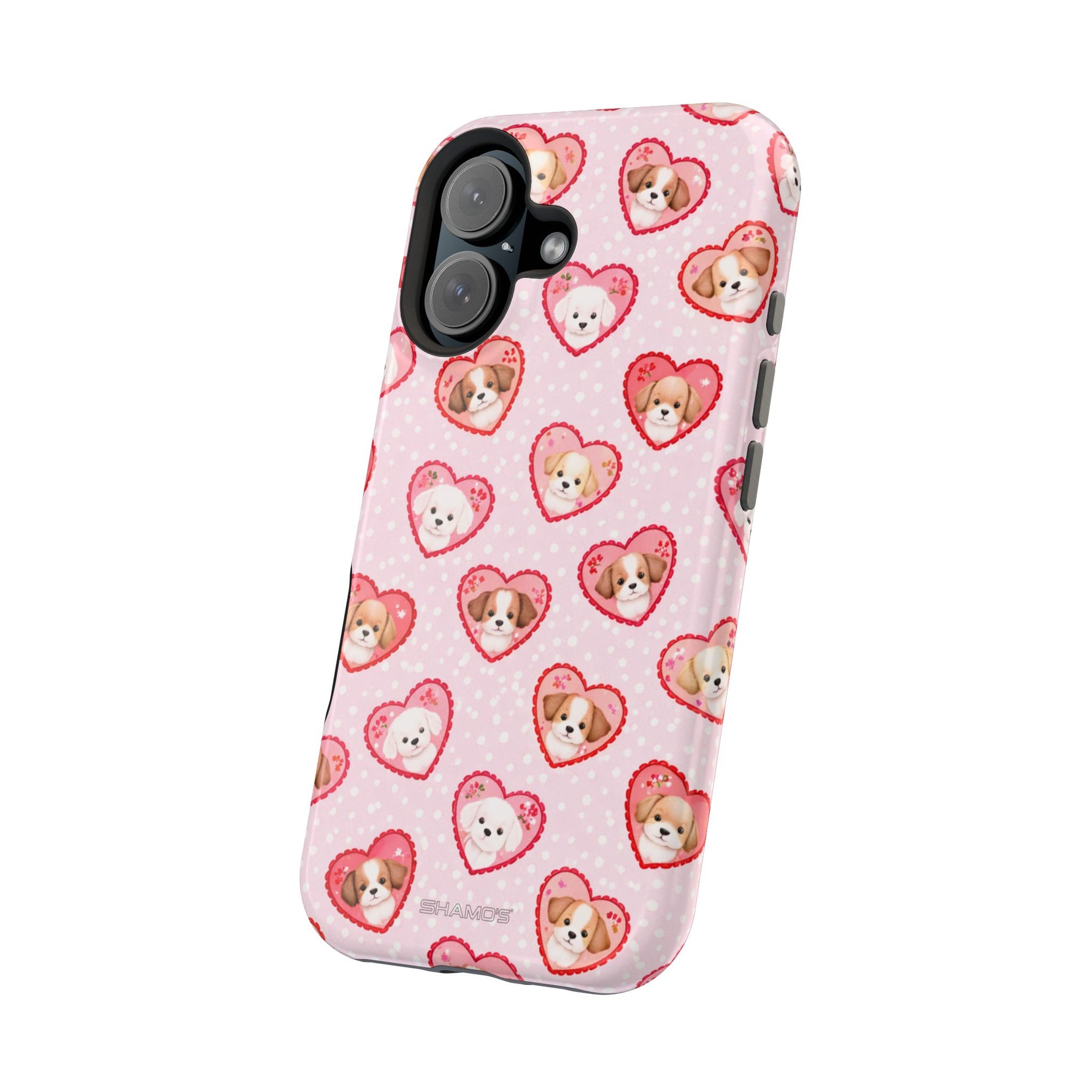 Pink Puppy Heart Pattern MagSafe Impact-Resistant iPhone Case, Valentine Phone Cover